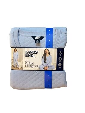 Lands End Womens 2-Piece Quilted Lounge Set Light Blue V-Neck Joggers Large NEW